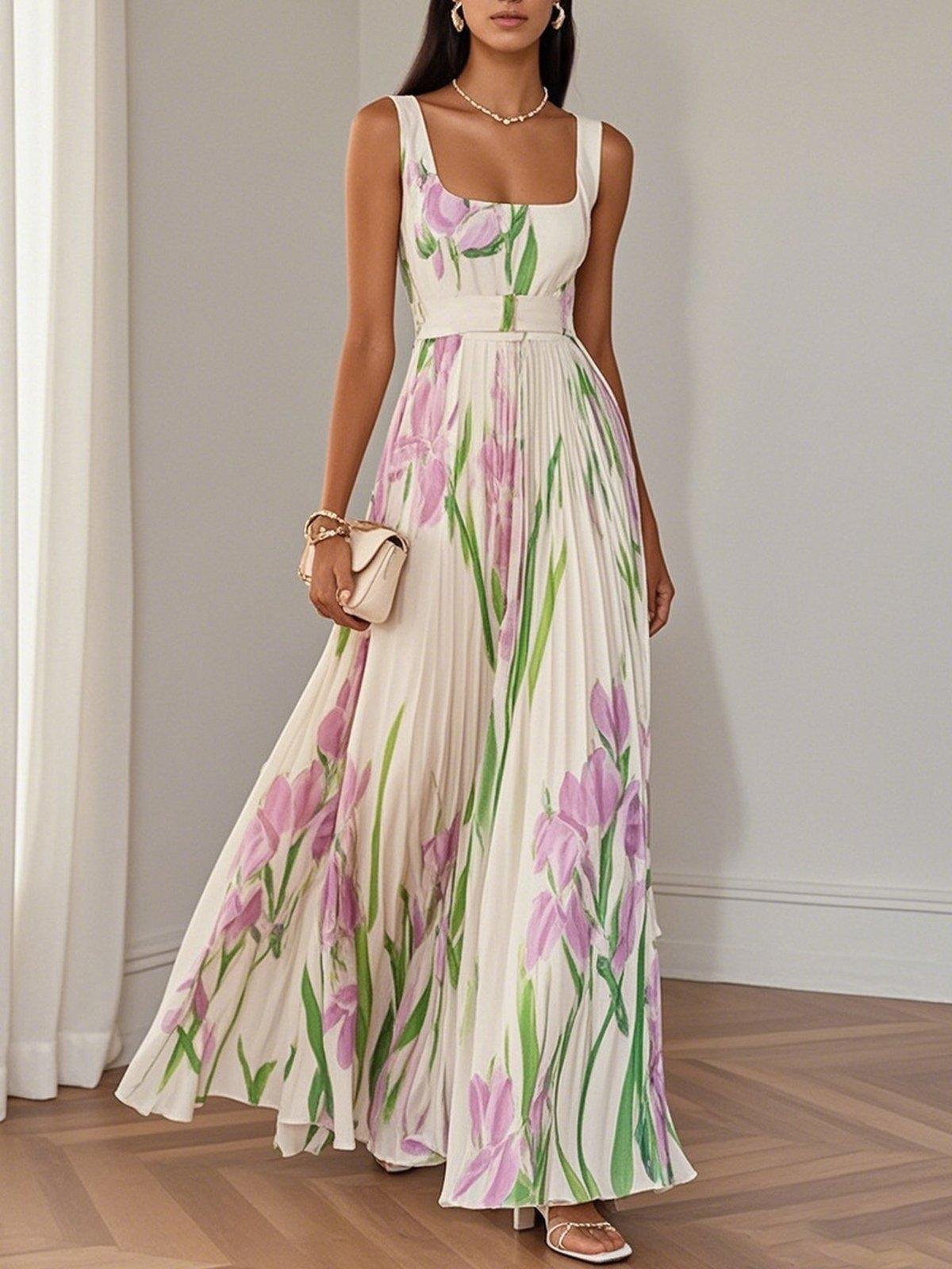 A-Line Pleated Floral Maxi Dress Square Neckline - White