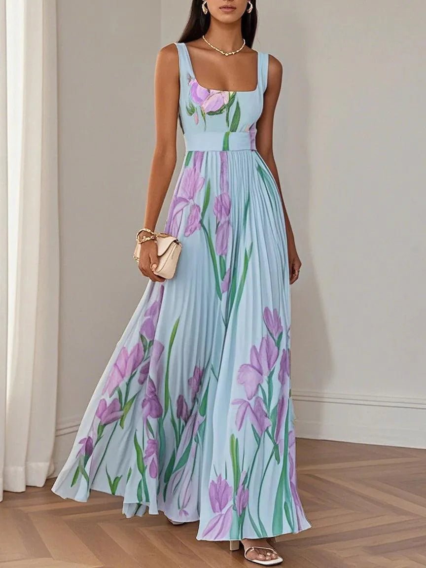 A-Line Pleated Floral Maxi Dress Square Neckline - Blue