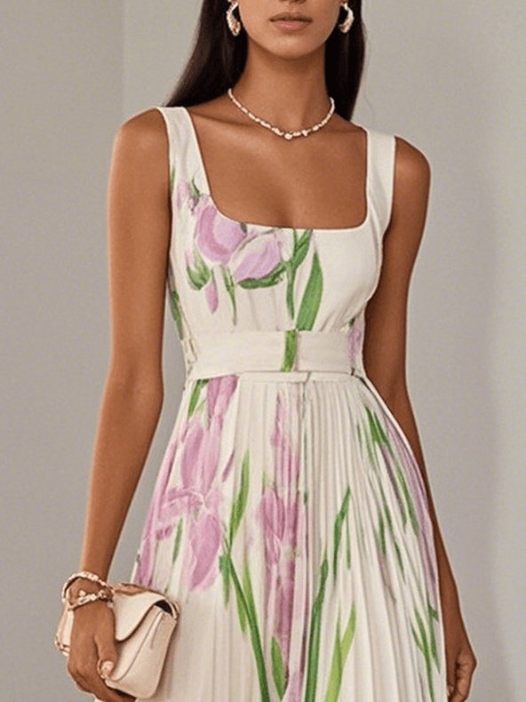 A-Line Pleated Floral Maxi Dress Square Neckline