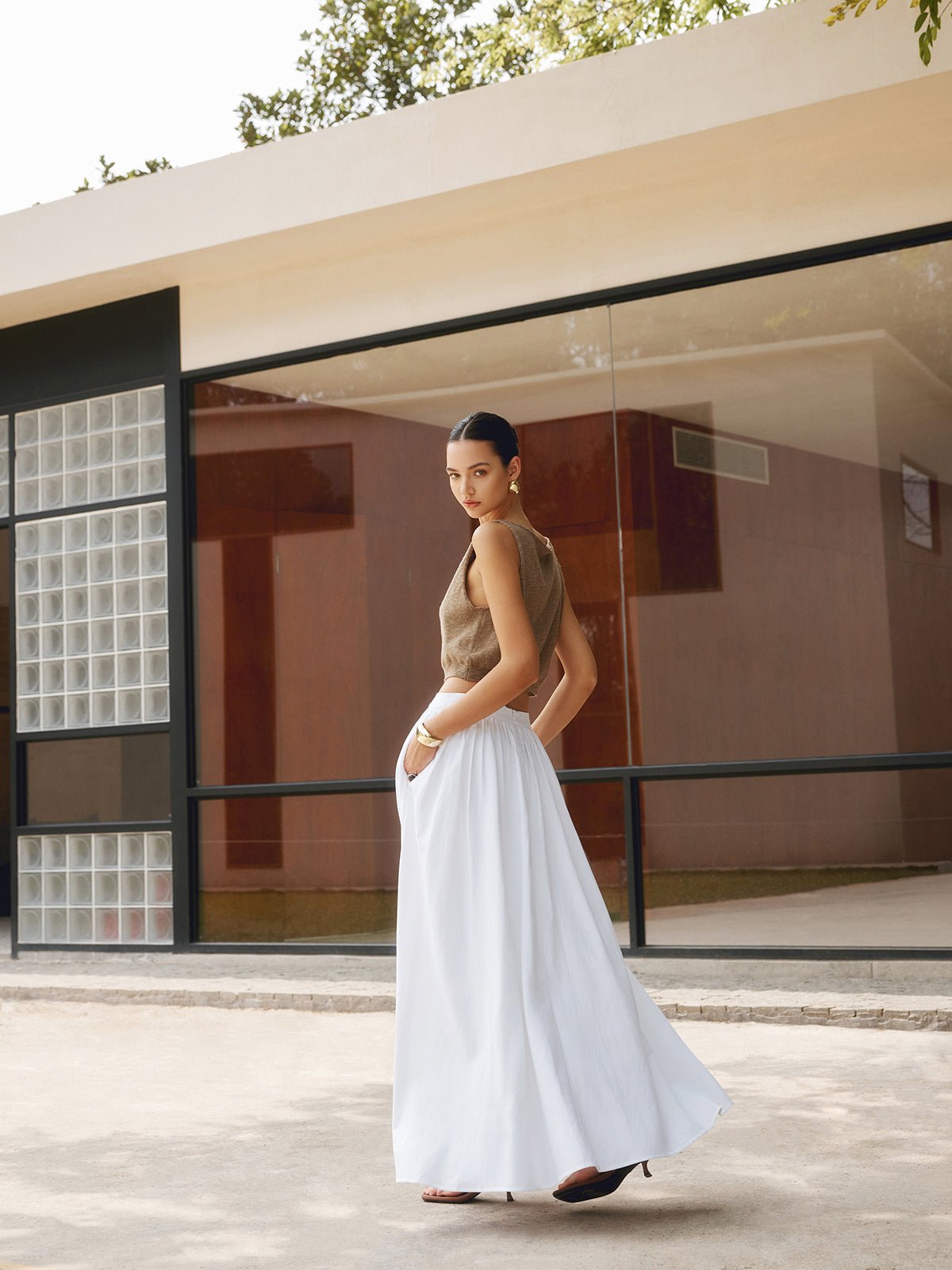 A-Line Pleated Maxi Skirt High Waisted with Pockets