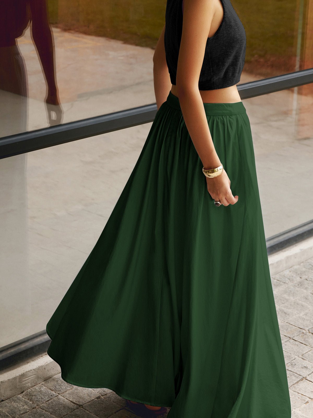 A-Line Pleated Maxi Skirt High Waisted with Pockets - Green