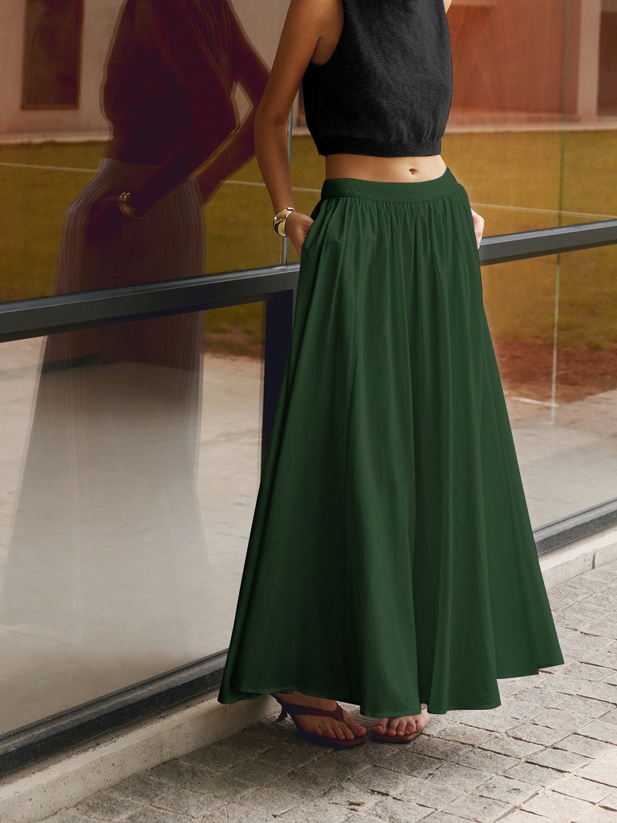 A-Line Pleated Maxi Skirt High Waisted with Pockets