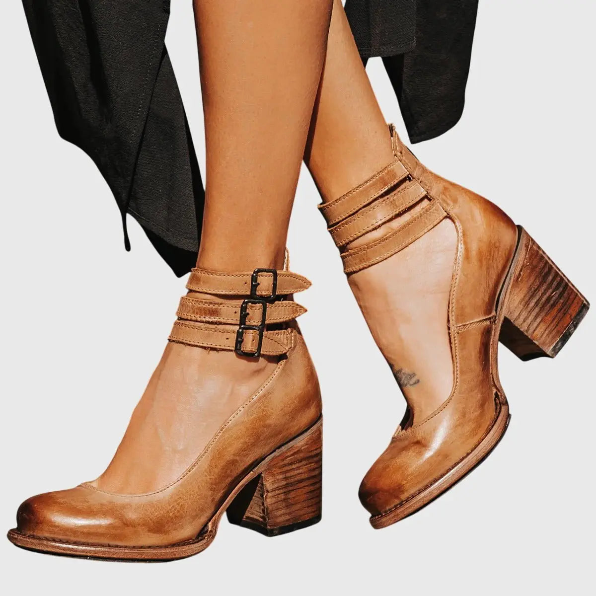 Ankle Boots Block Heel Strappy Buckle Brown Leather - Light brown