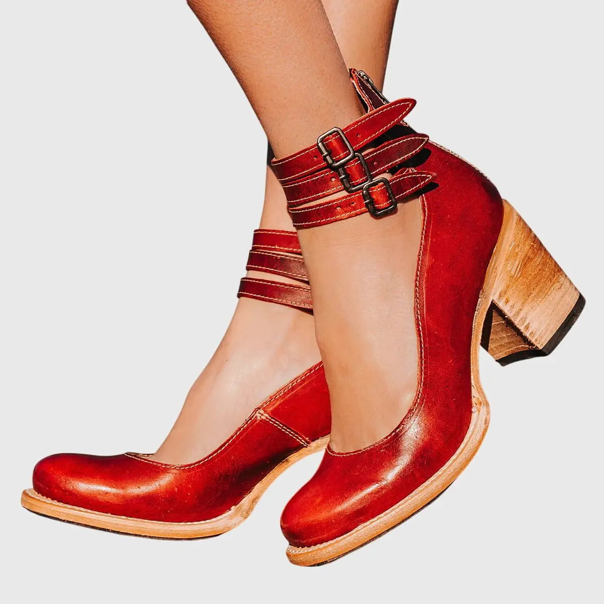 Ankle Boots Block Heel Strappy Buckle Brown Leather - Red