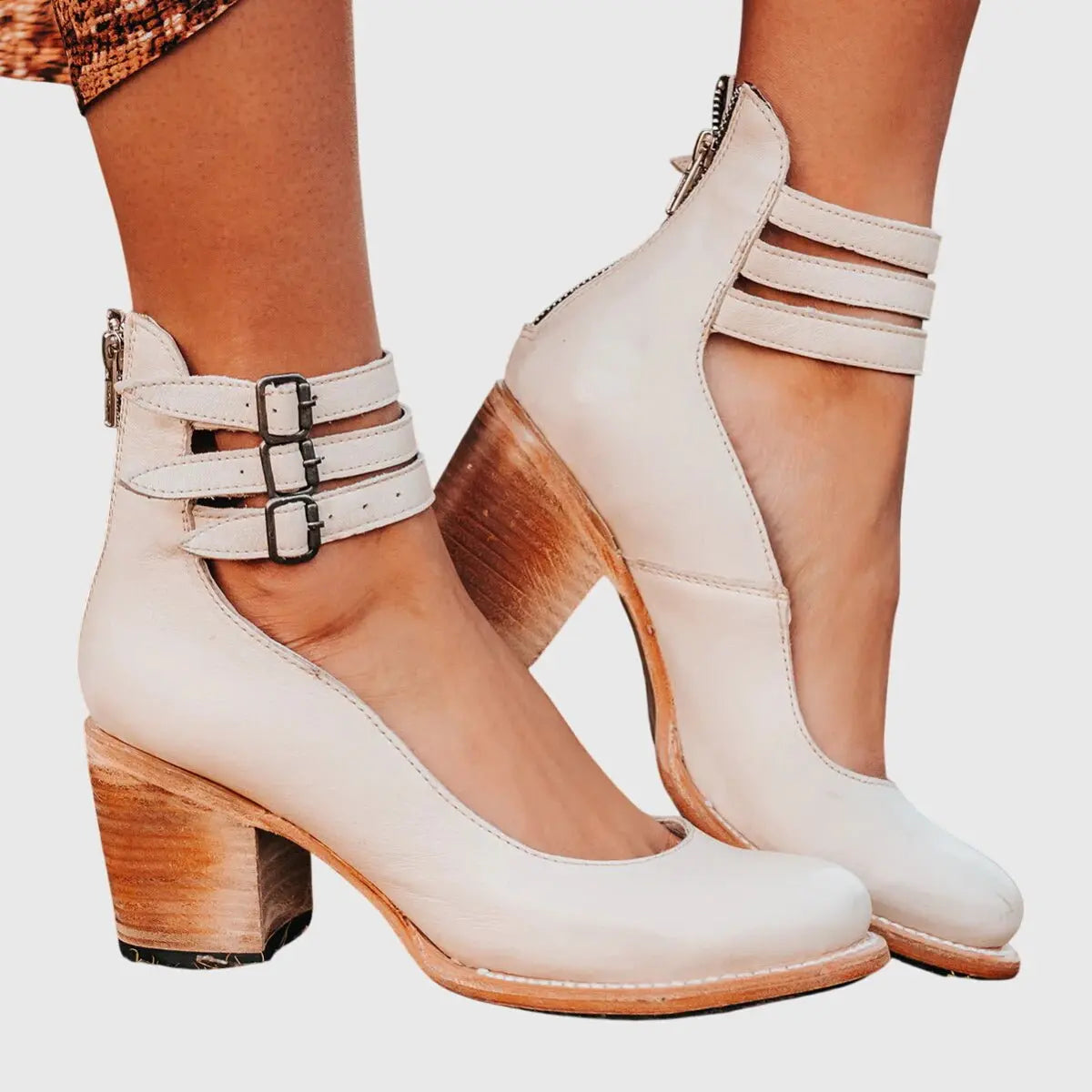 Ankle Boots Block Heel Strappy Buckle Brown Leather - White