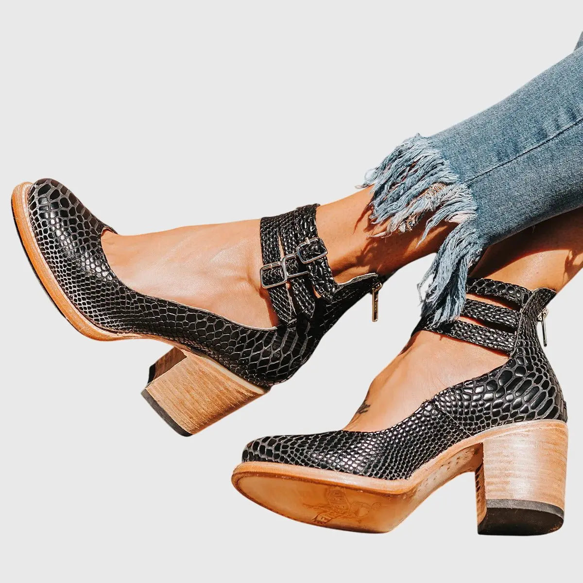 Ankle Boots Block Heel Strappy Buckle Brown Leather