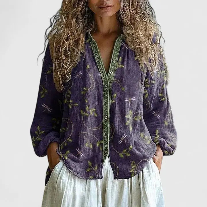 Bohemian Blouse Floral Embroidered V-Neck Long Sleeve - Purple