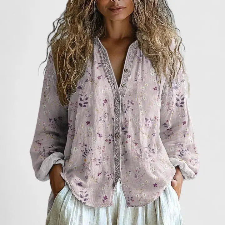 Bohemian Blouse Floral Embroidered V-Neck Long Sleeve - Pink
