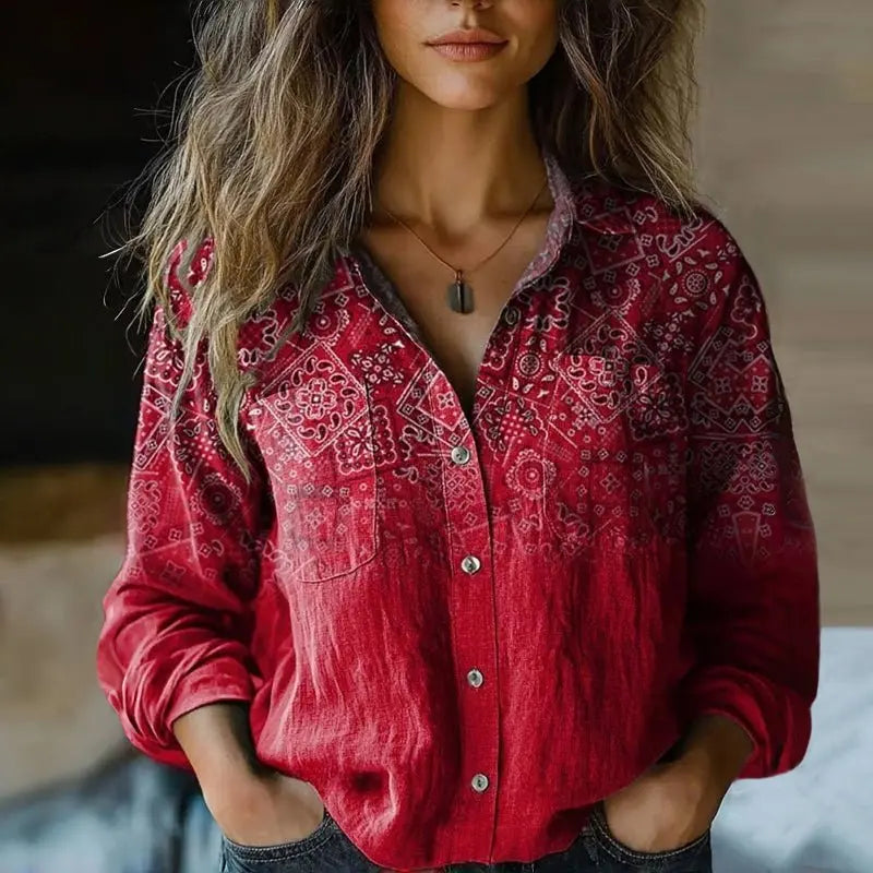Bohemian Button-Down Blouse Long Sleeve Paisley Print - Red