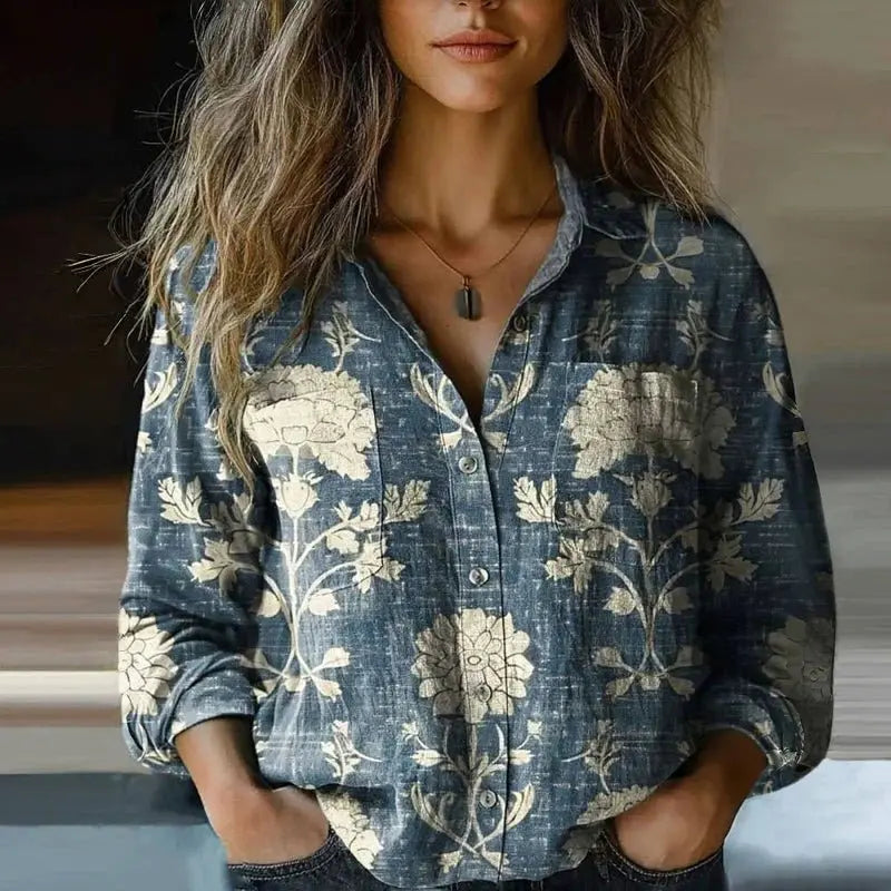 Bohemian Button-Down Blouse Long Sleeve Paisley Print - Blue