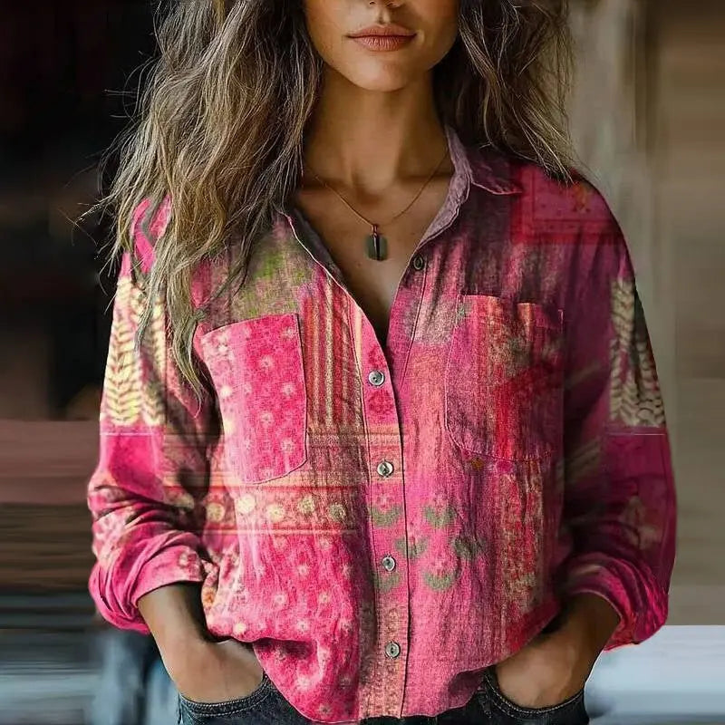 Bohemian Button-Down Blouse Long Sleeve Paisley Print - Pink