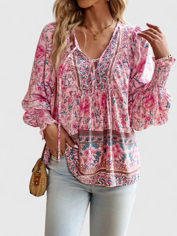 Boho Blouse V-Neck Puff Sleeve Floral Top - Pink