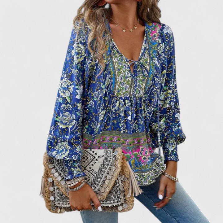 Boho Blouse V-Neck Puff Sleeve Floral Top - Navy Blue