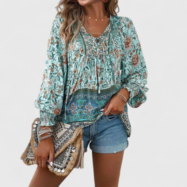 Boho Blouse V-Neck Puff Sleeve Floral Top