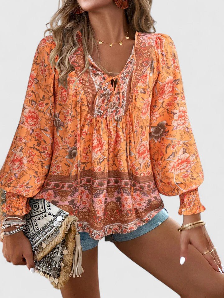 Boho Blouse V-Neck Puff Sleeve Floral Top - Orange