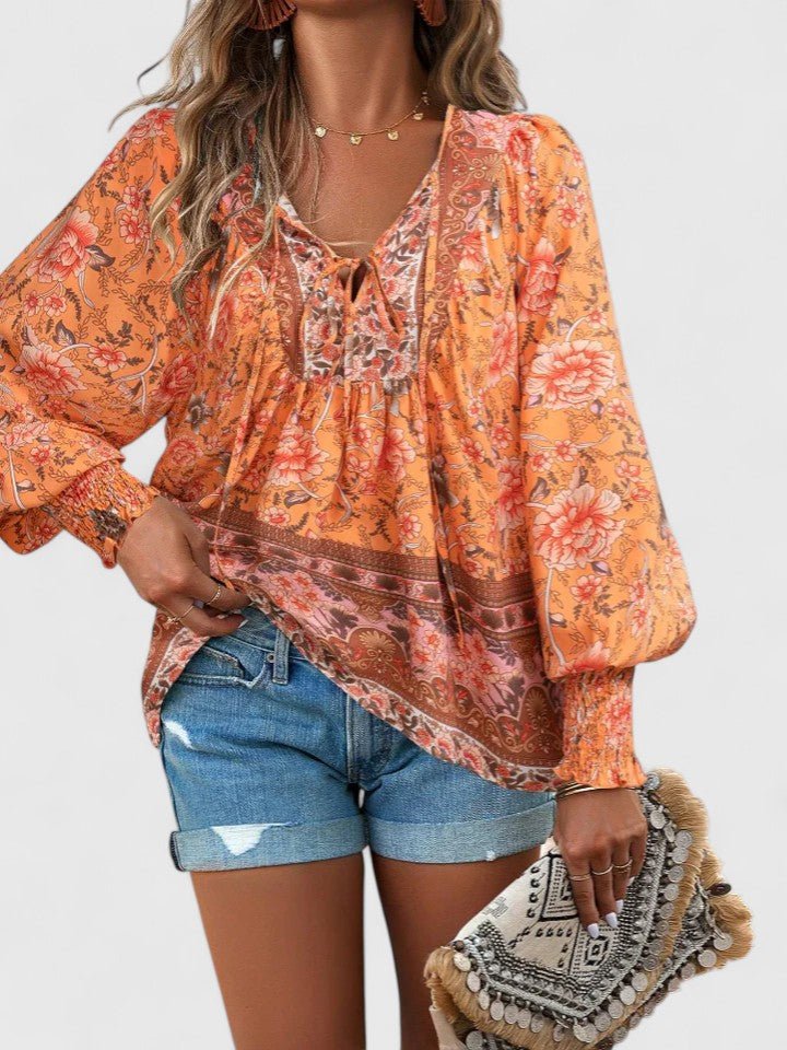 Boho Blouse V-Neck Puff Sleeve Floral Top