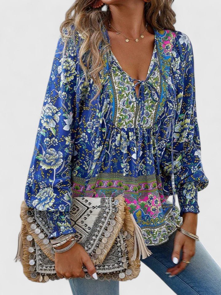 Boho Blouse V-Neck Puff Sleeve Floral Top