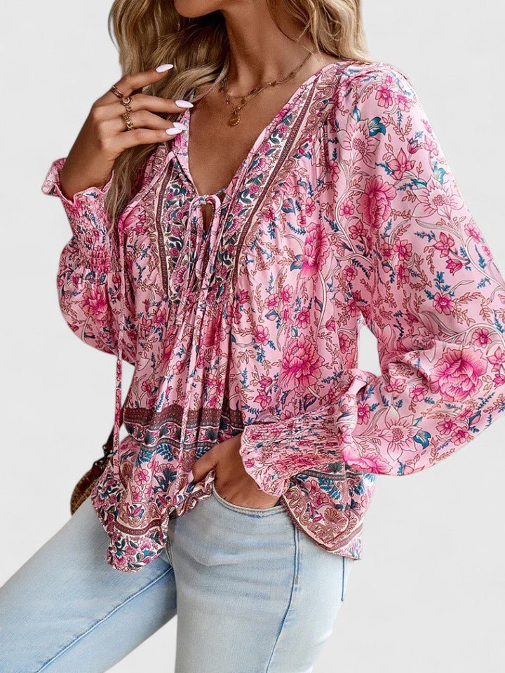 Boho Blouse V-Neck Puff Sleeve Floral Top