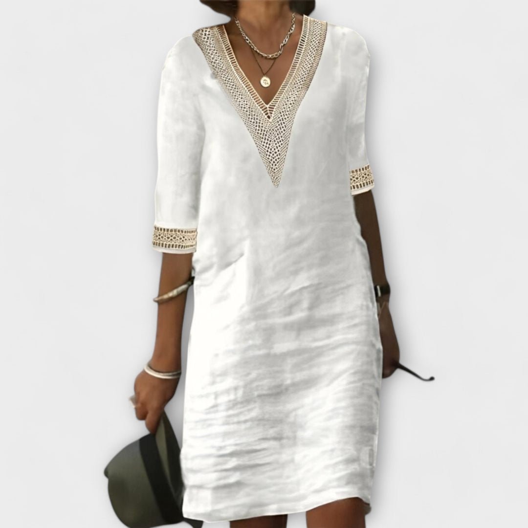 Boho Crochet Dress V-Neck 3/4 Sleeve Mini - White