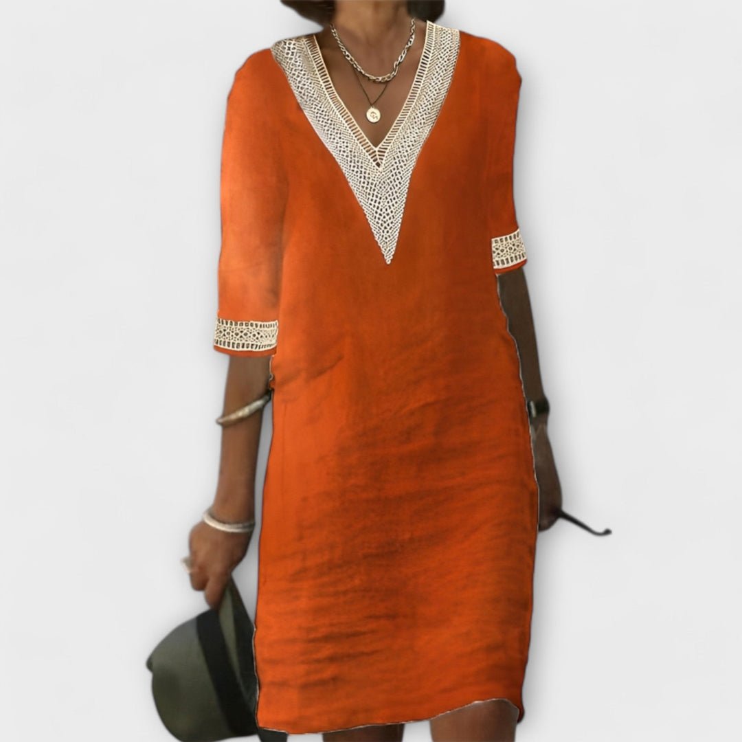Boho Crochet Dress V-Neck 3/4 Sleeve Mini - Orange