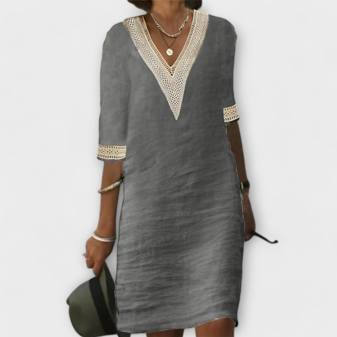Boho Crochet Dress V-Neck 3/4 Sleeve Mini - Gray