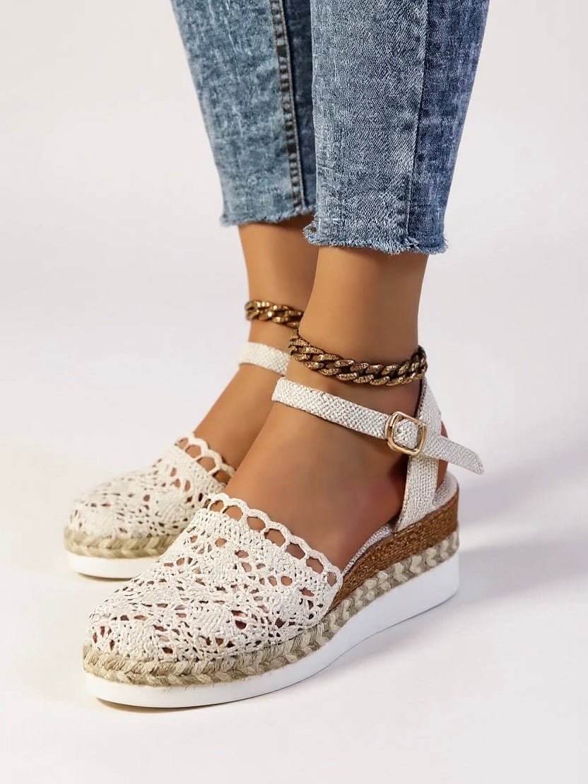 Boho Crochet Platform Sandals Woven Ankle Strap - Beige