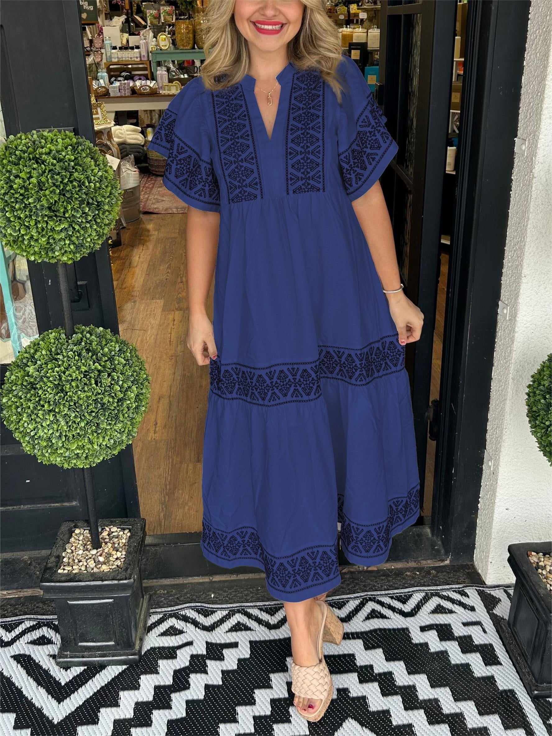 Boho Embroidered Maxi Dress Flowing Tiered - Navy Blue