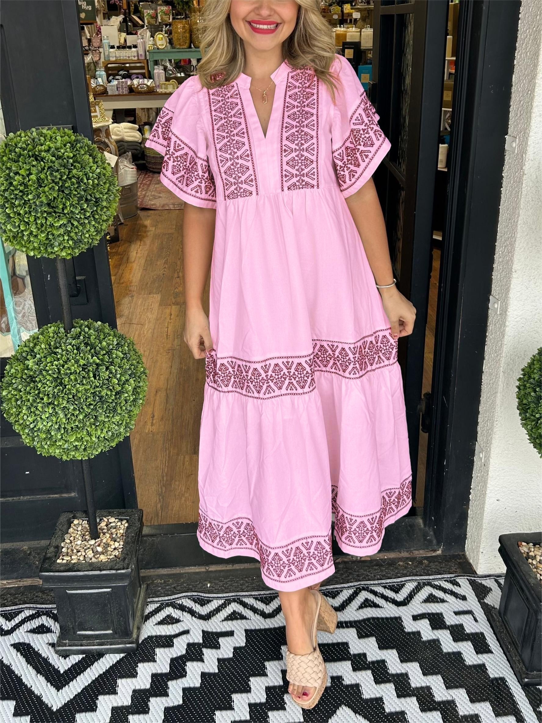 Boho Embroidered Maxi Dress Flowing Tiered - Pink