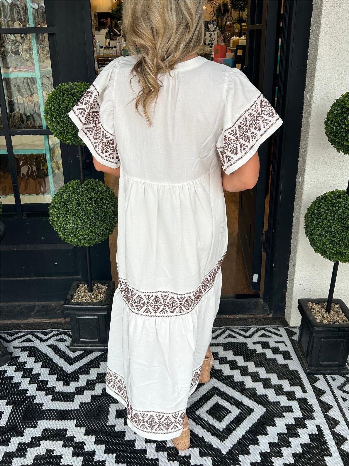 Boho Embroidered Maxi Dress Flowing Tiered
