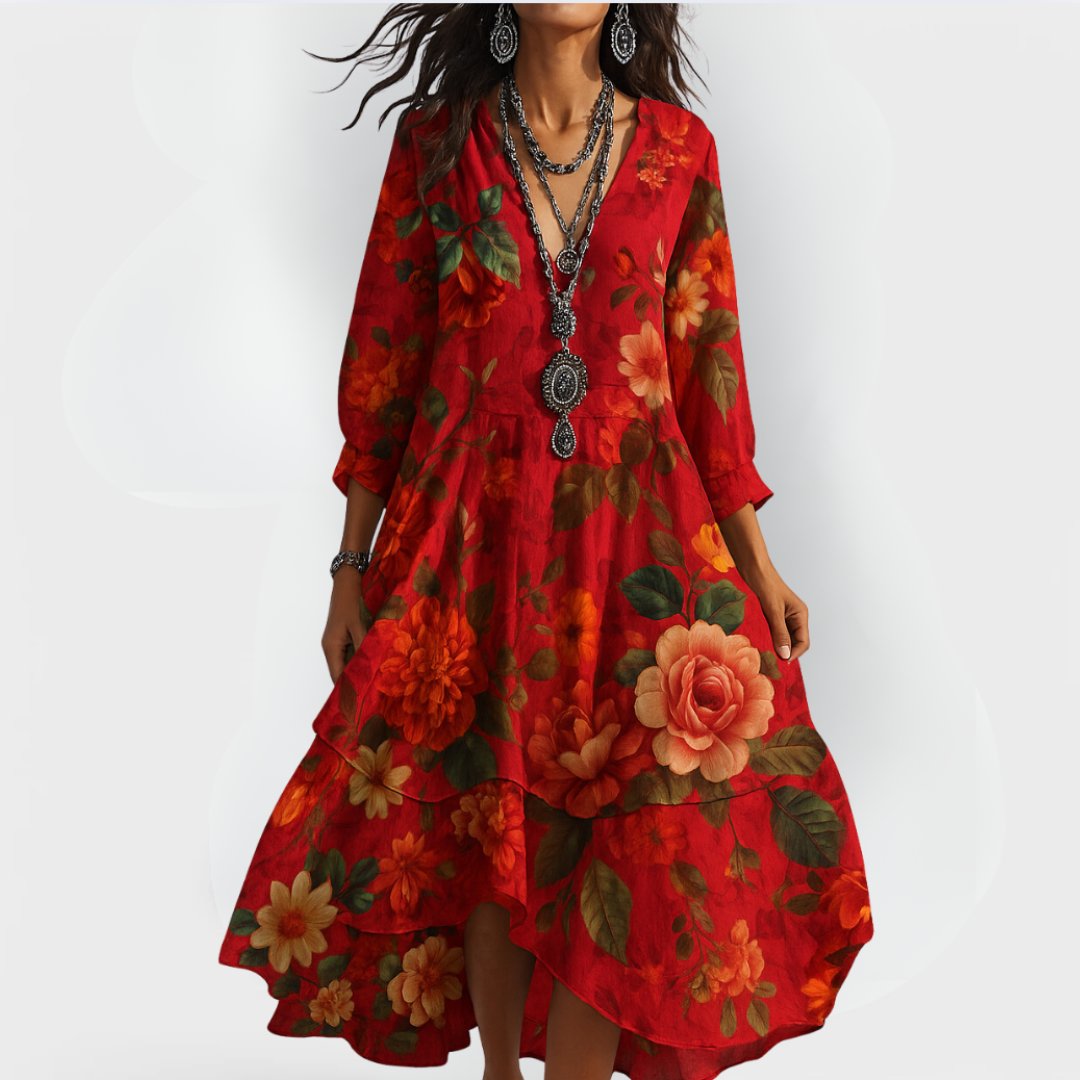 Boho Floral Midi Dress V-Neck Tiered Hem - Red