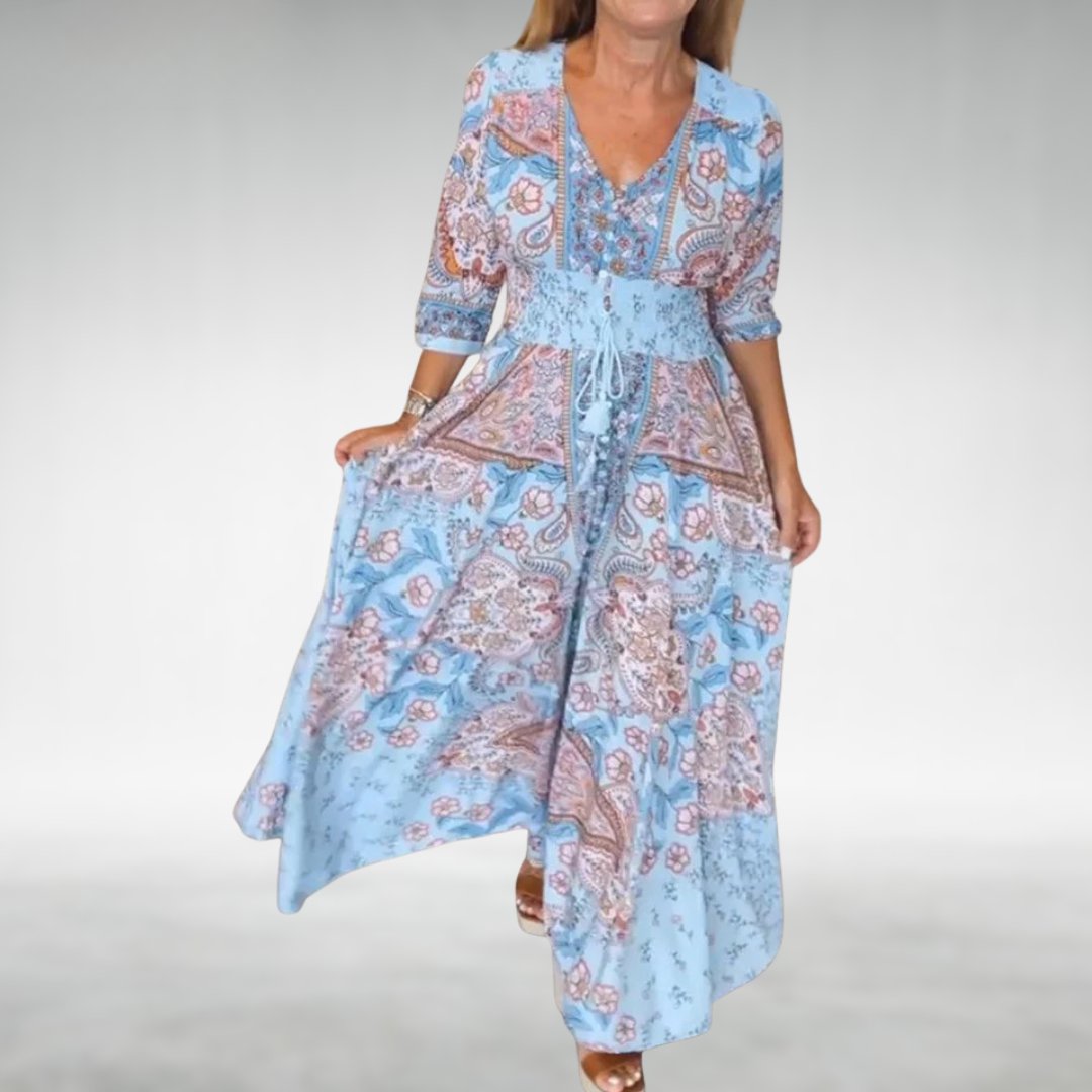 Boho Flowy Maxi Dress V-Neck Draped - Sky Blue