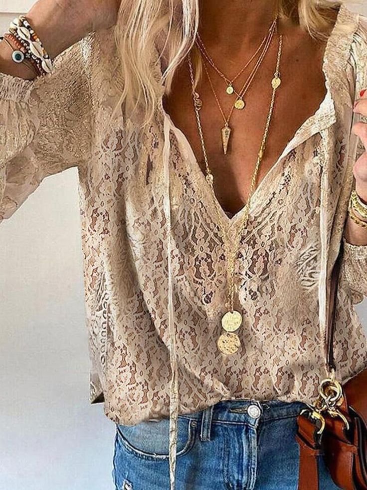 Boho Lace Blouse Deep V-Neck Long Sleeve - Khaki