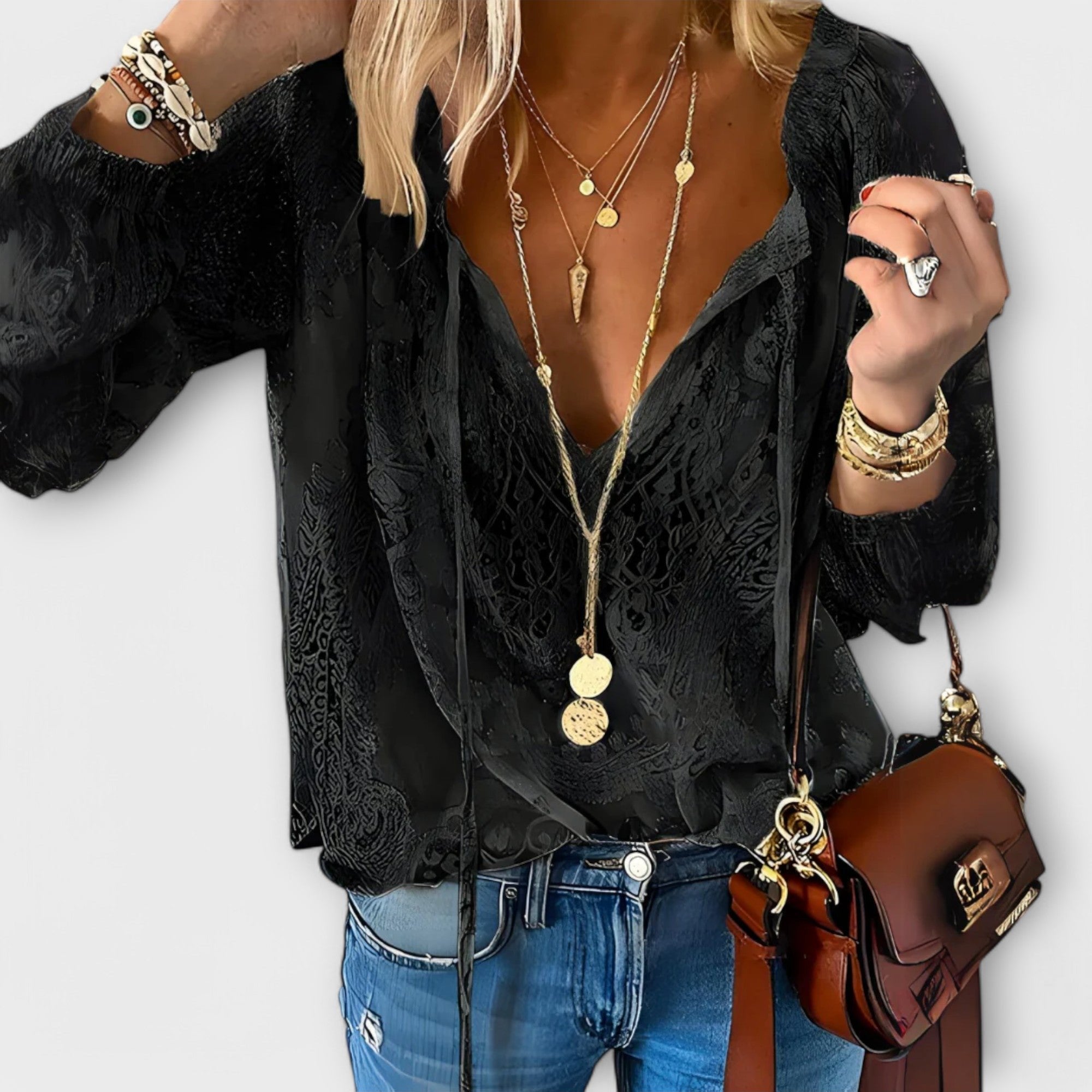 Boho Lace V-Neck Blouse Long Sleeve White Top - Black