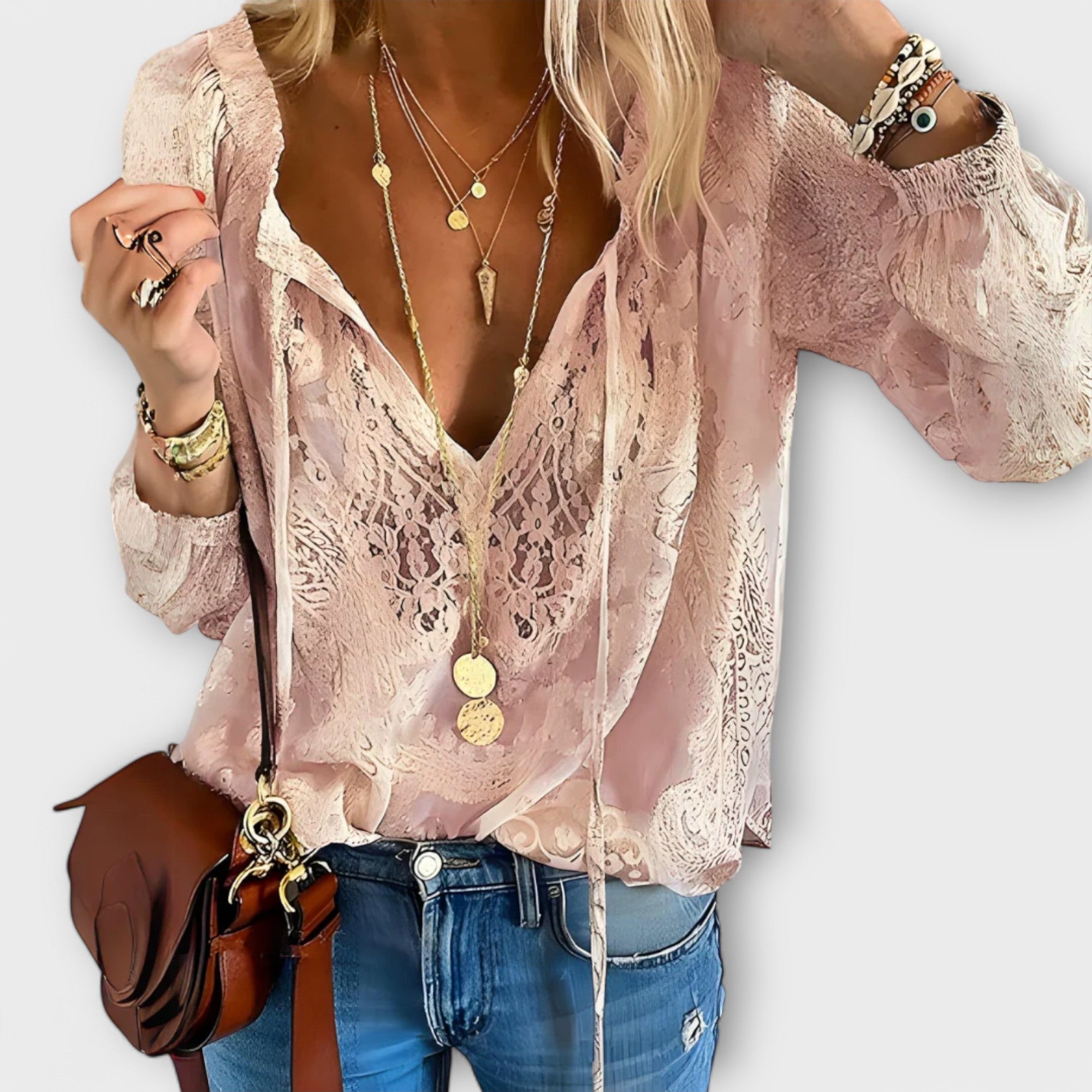 Boho Lace V-Neck Blouse Long Sleeve White Top - Pink