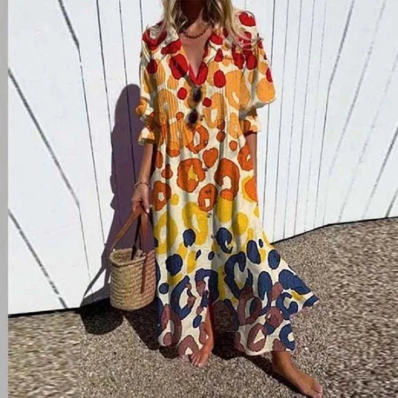 Boho Maxi Dress Floral V-Neck Long Sleeves - Yellow