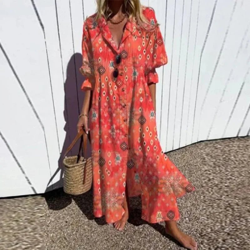 Boho Maxi Dress Floral V-Neck Long Sleeves - Red