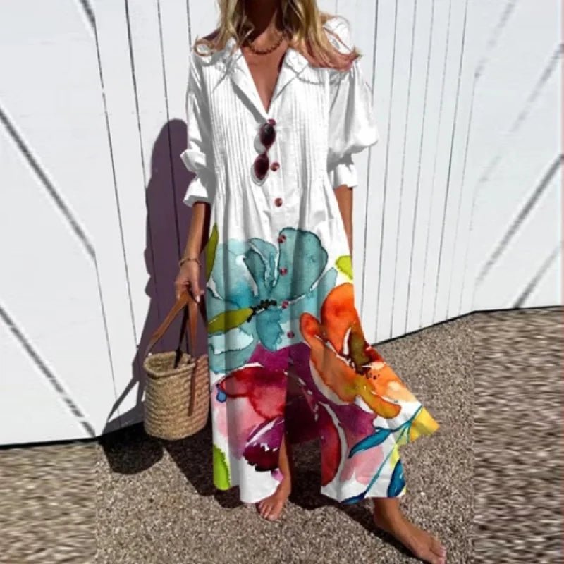 Boho Maxi Dress Floral V-Neck Long Sleeves - White