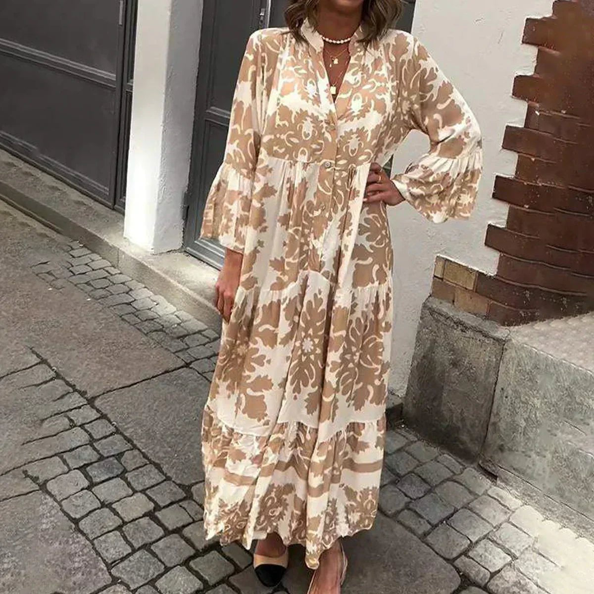 Boho Maxi Dress Flowy Printed V-Neck Long Sleeve - Brown