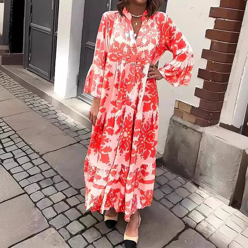 Boho Maxi Dress Flowy Printed V-Neck Long Sleeve - Red