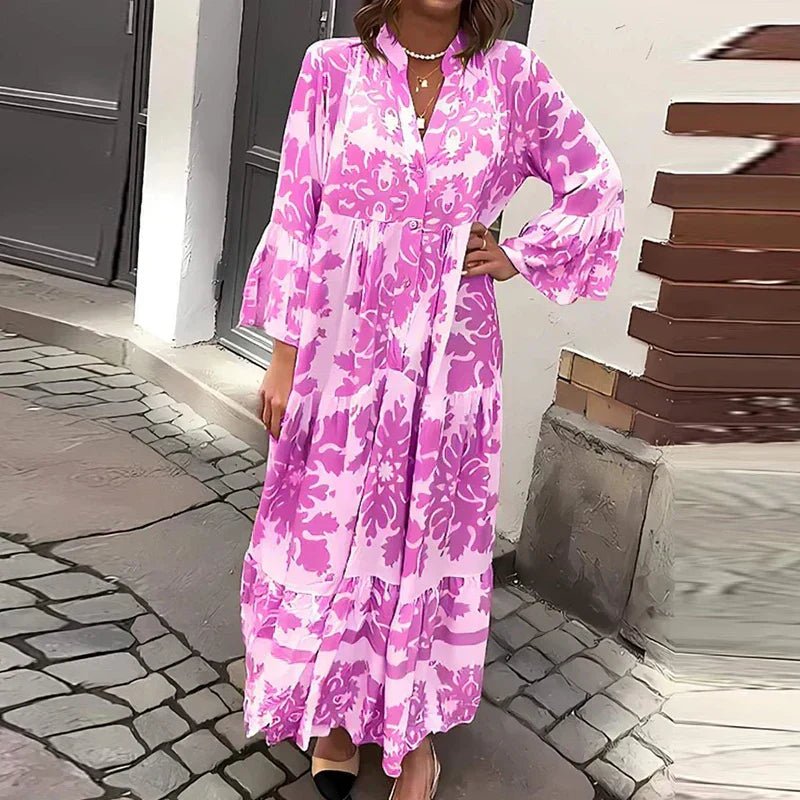 Boho Maxi Dress Flowy Printed V-Neck Long Sleeve - Purple