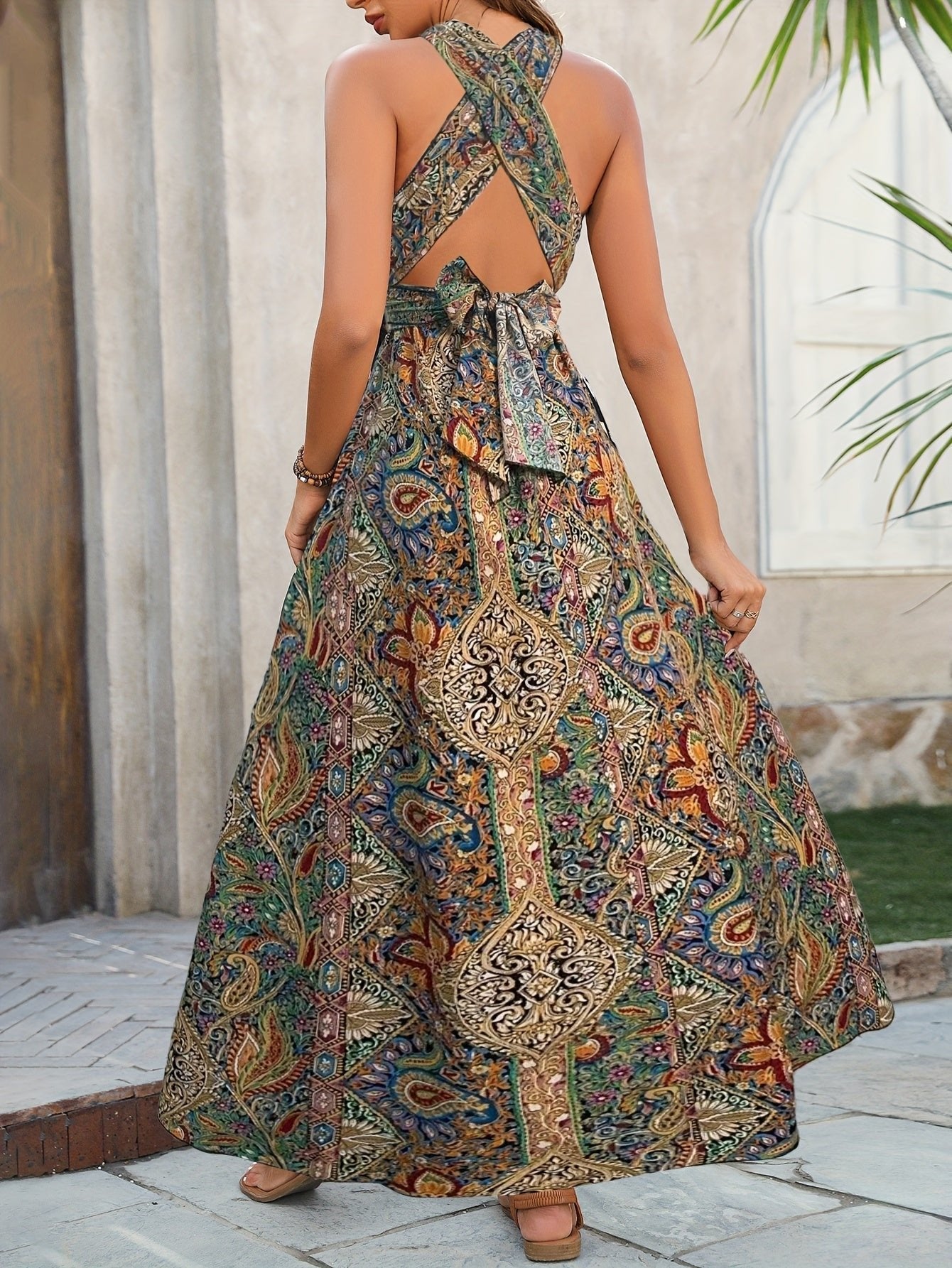 Boho Maxi Dress Halter Neck Paisley Print Slit