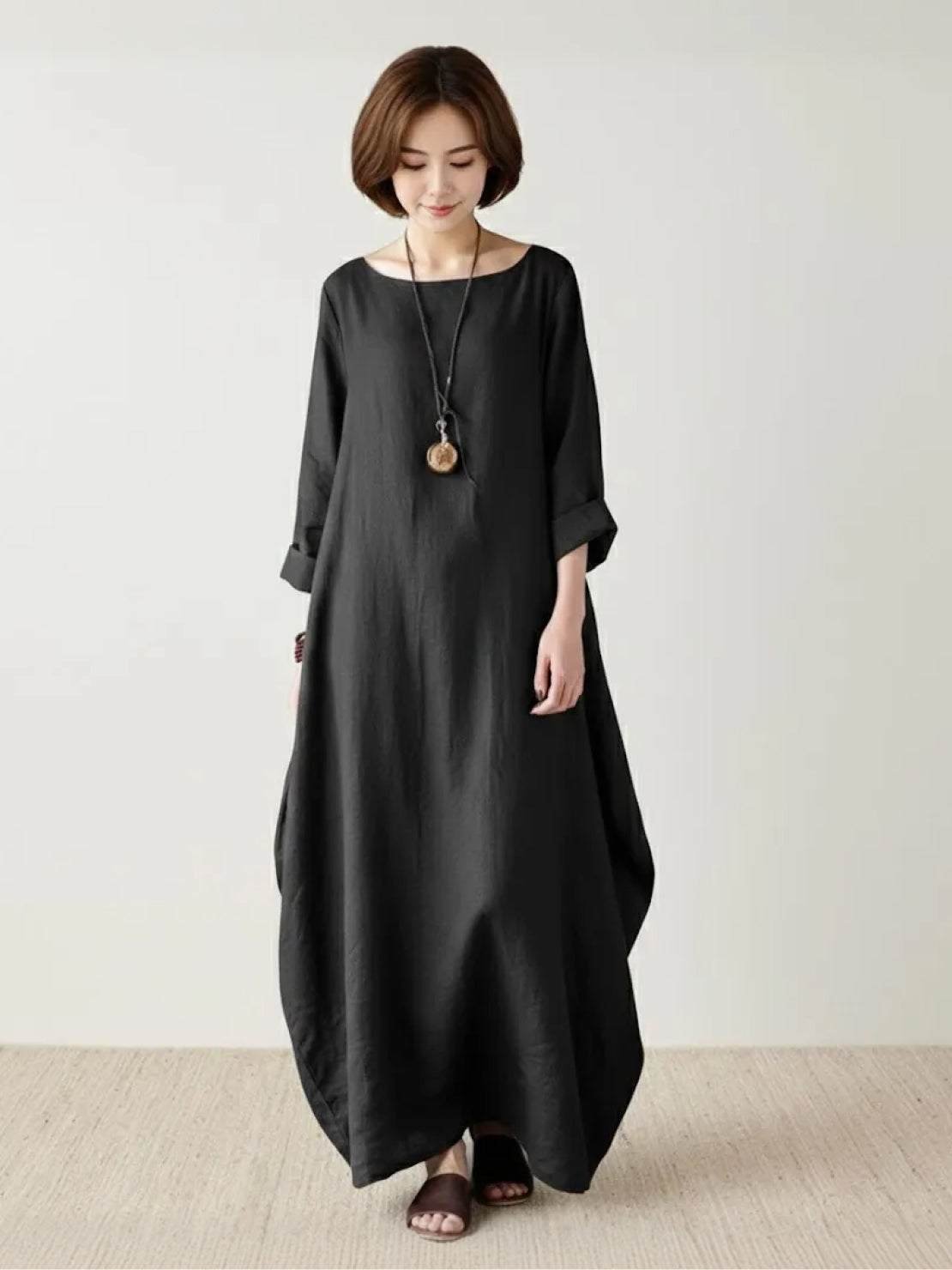 Boho Maxi Dress Oversized Batwing Sleeves - Black