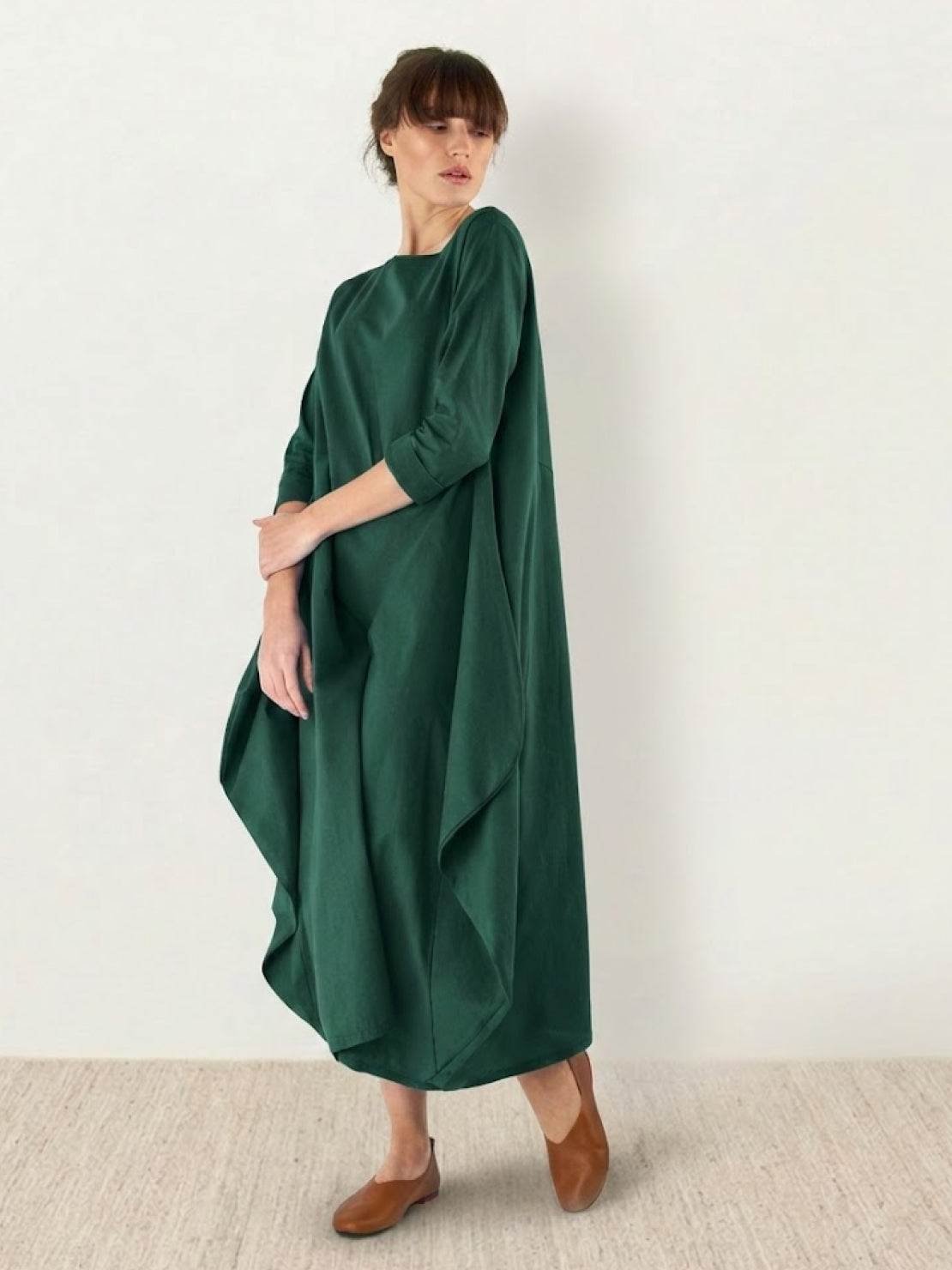 Boho Maxi Dress Oversized Batwing Sleeves - Dark Green