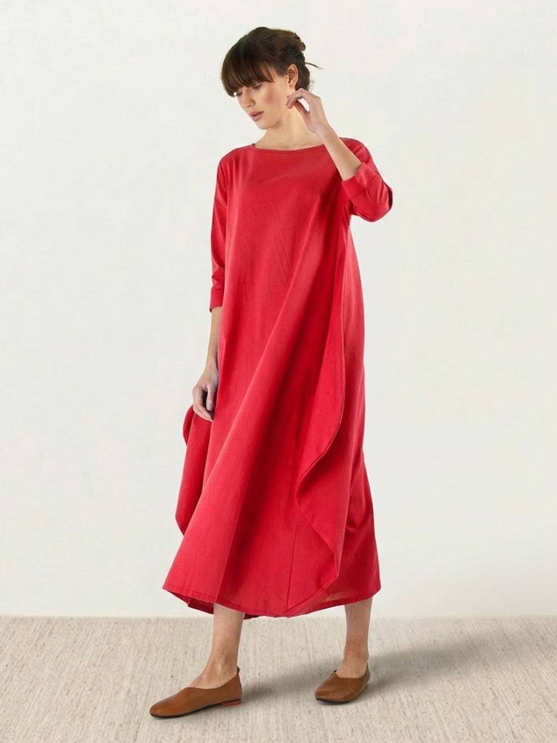 Boho Maxi Dress Oversized Batwing Sleeves - Red