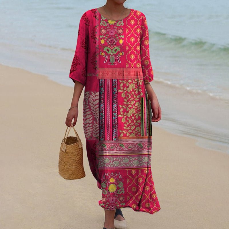 Boho Maxi Dress Round Neck Mixed Panel Design - Red