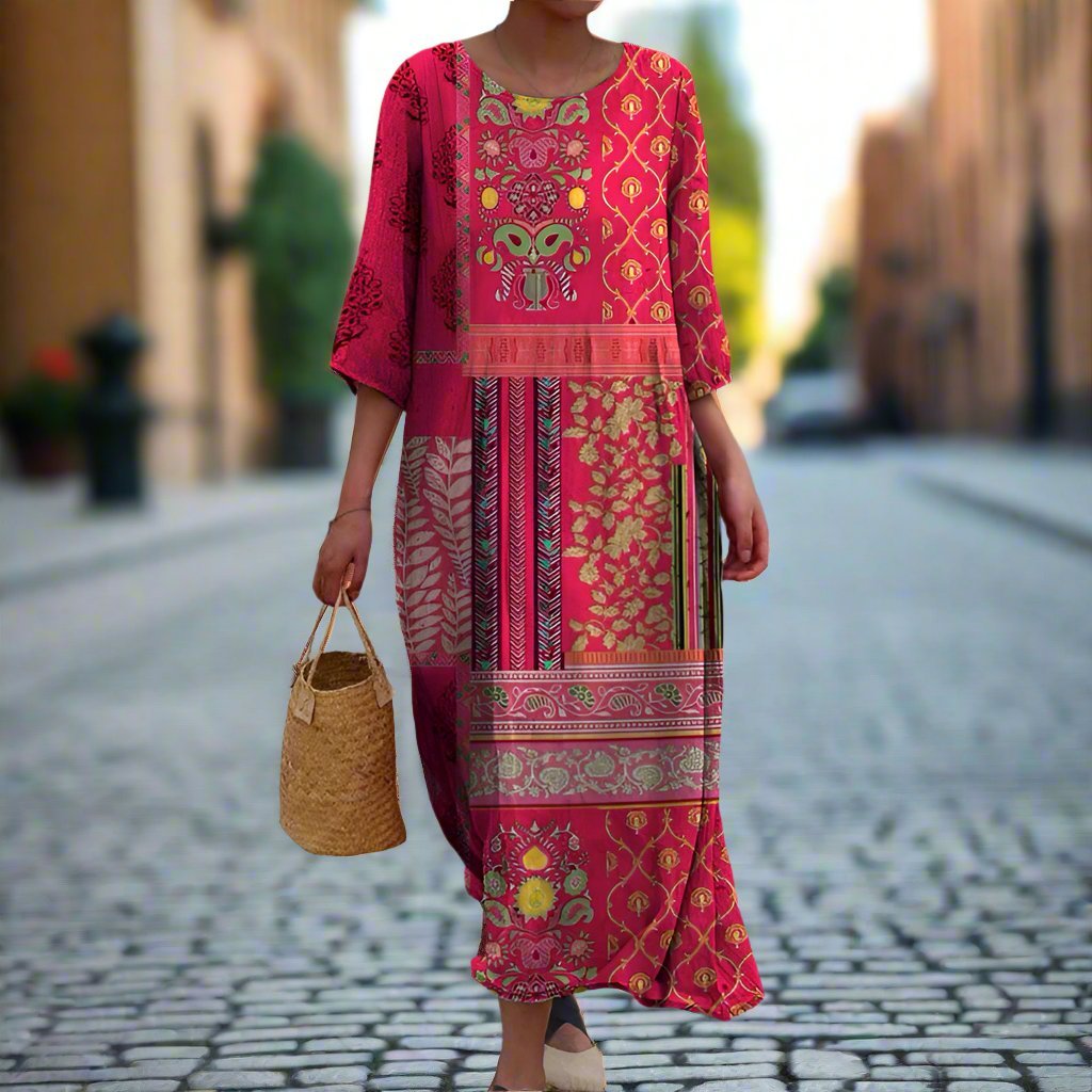 Boho Maxi Dress Round Neck Mixed Panel Design