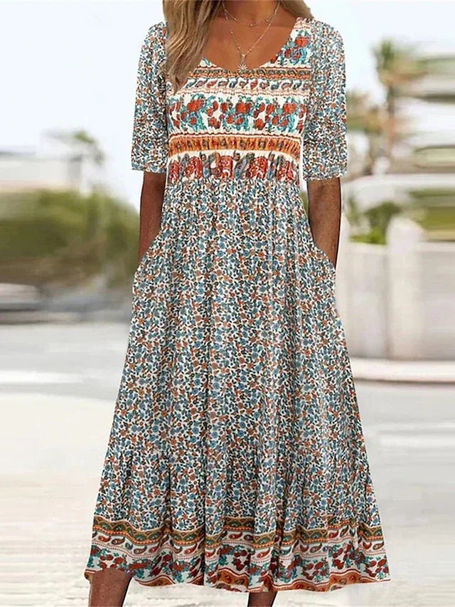 Boho Maxi Dress Round Neck Short Sleeve - Multicolor