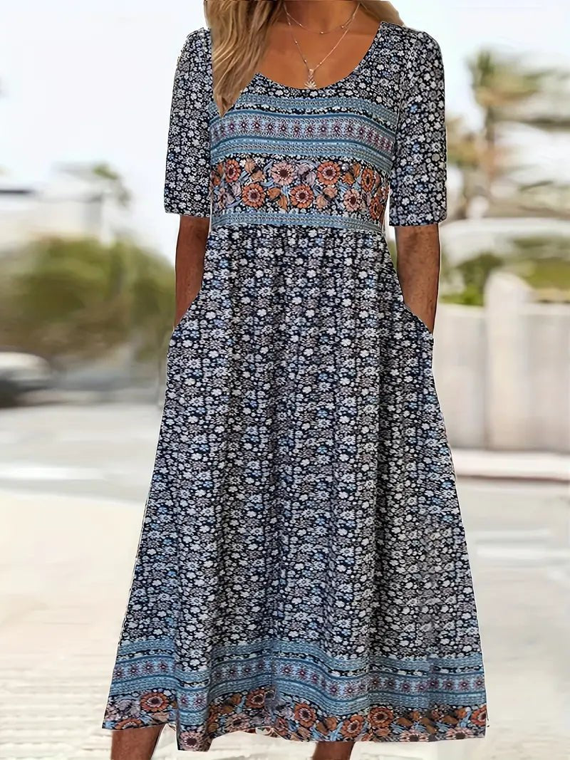 Boho Maxi Dress Round Neck Short Sleeve - Multicolor1