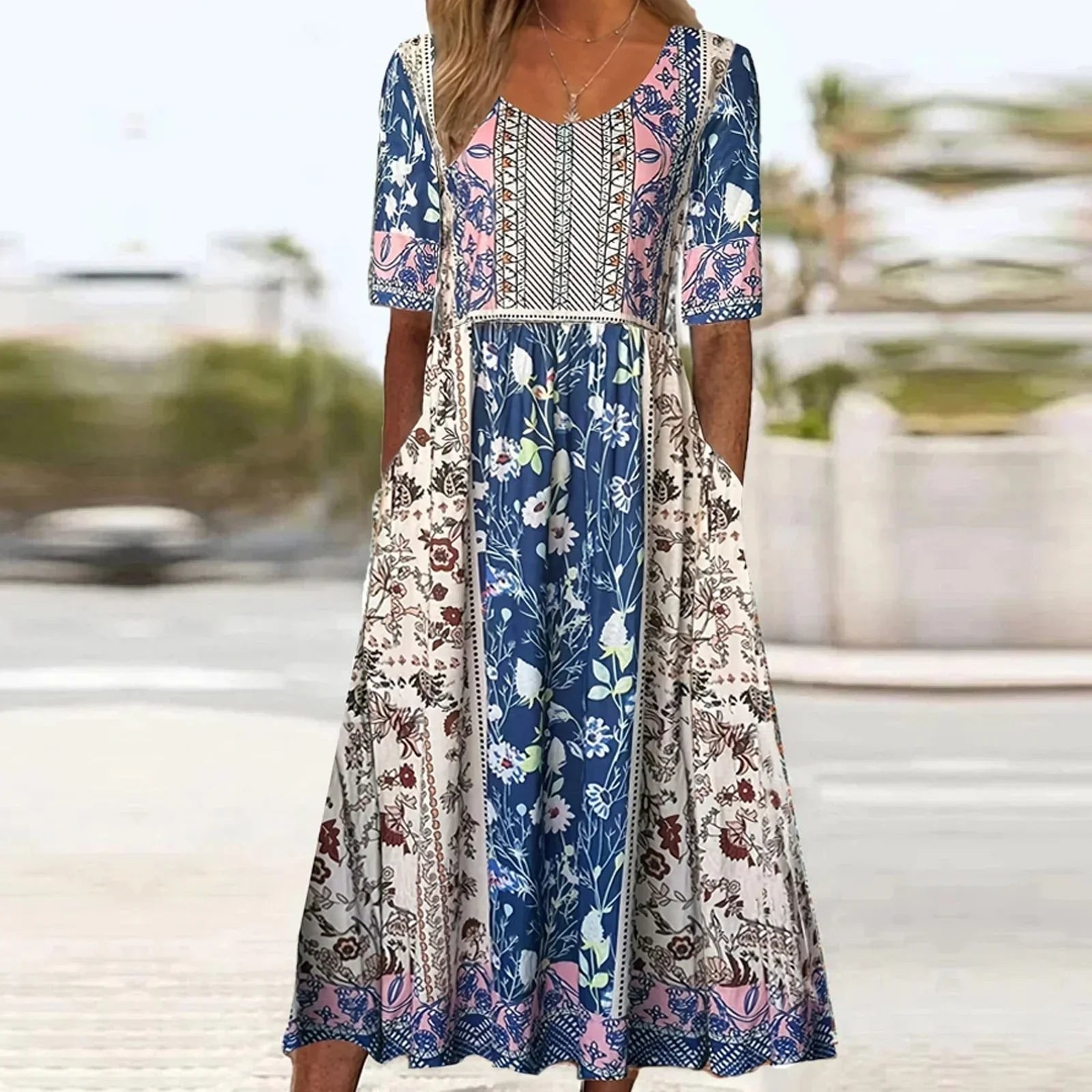 Boho Maxi Dress Round Neck Short Sleeve - Multicolor2
