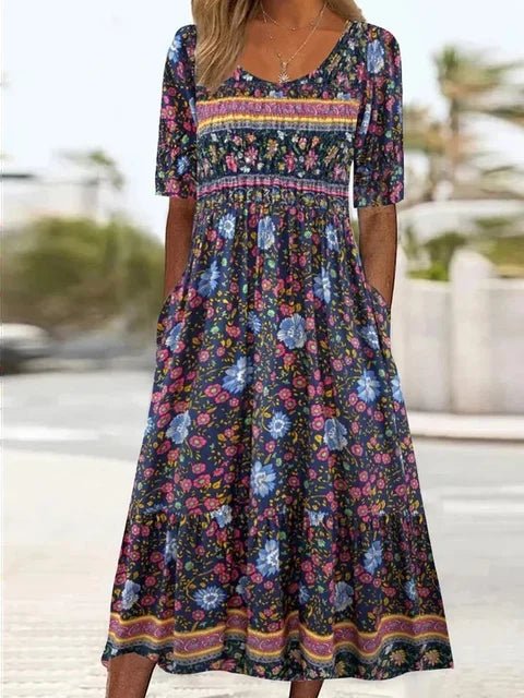 Boho Maxi Dress Round Neck Short Sleeve - Multicolor4